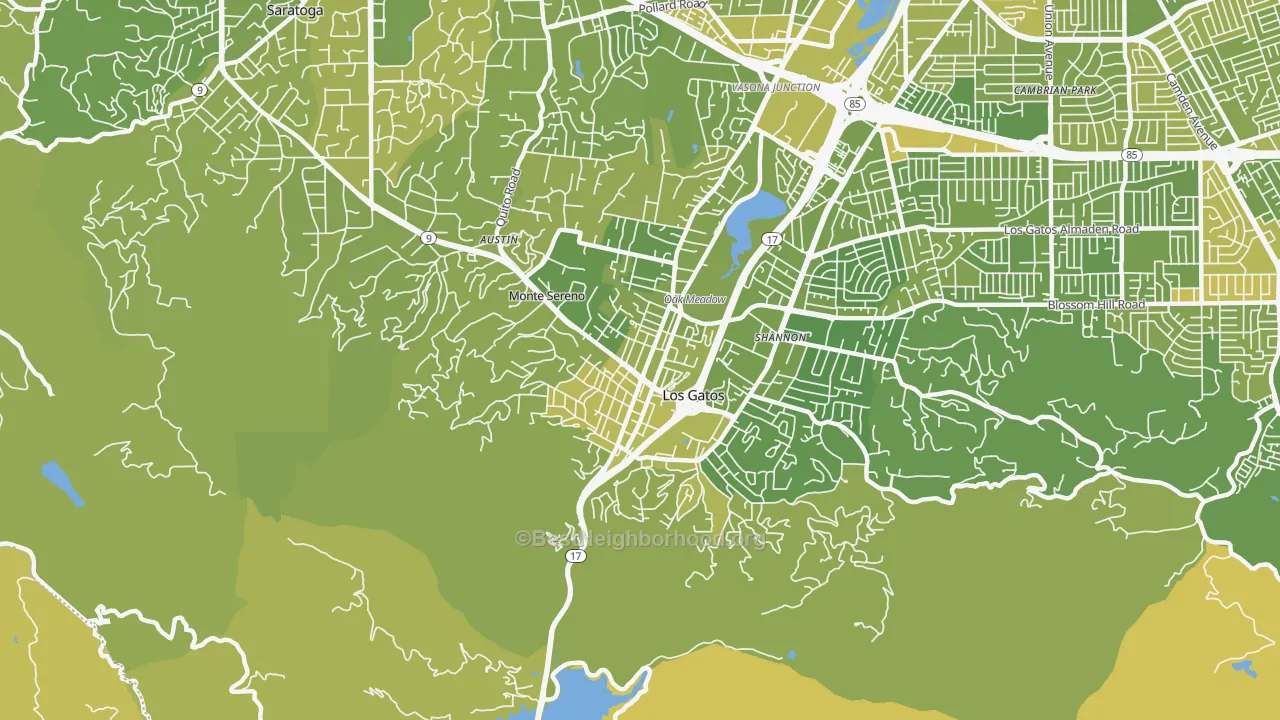 Map of the best neighborhoods in the 95030 area, with better matches in green and worse matches in red
