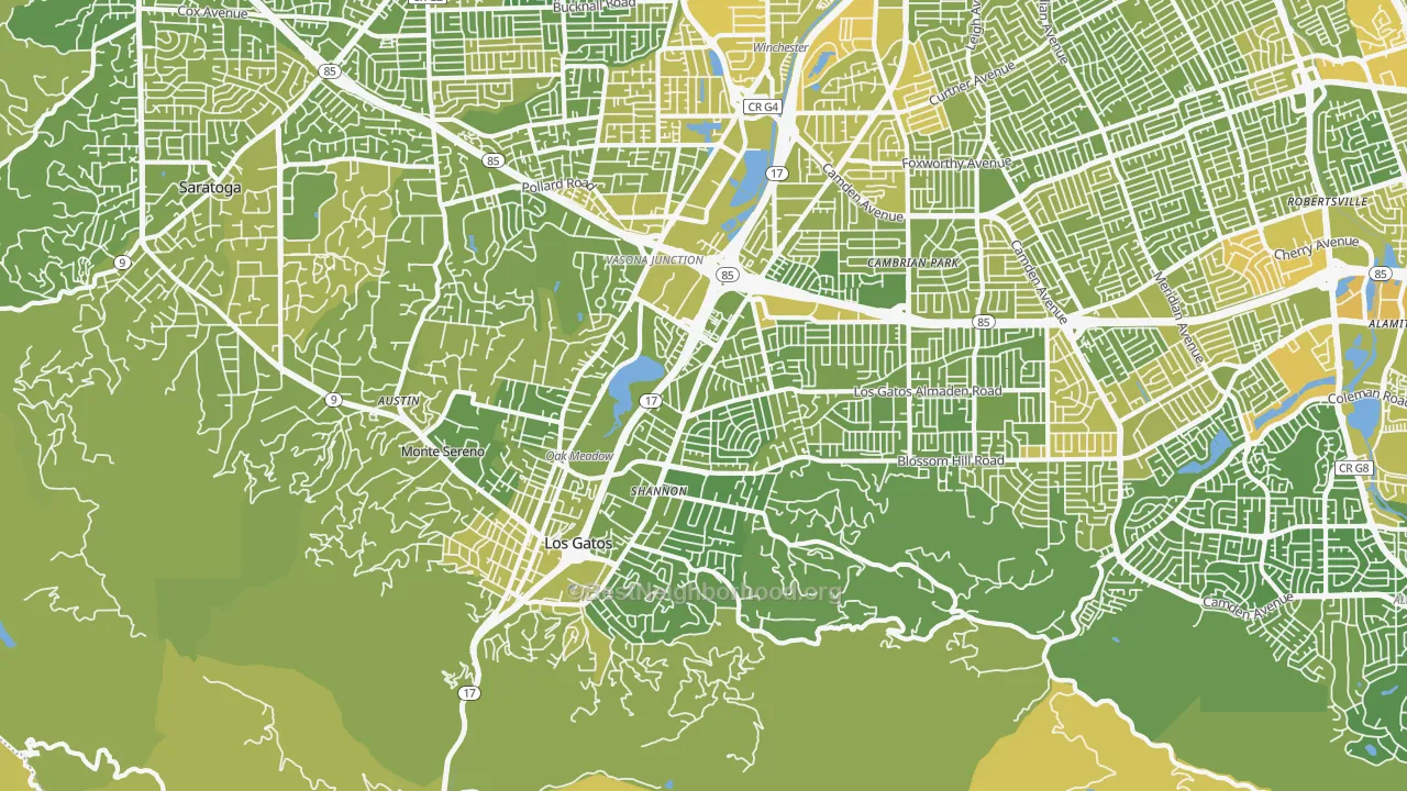 Map of the best neighborhoods in the 95032 area, with better matches in green and worse matches in red