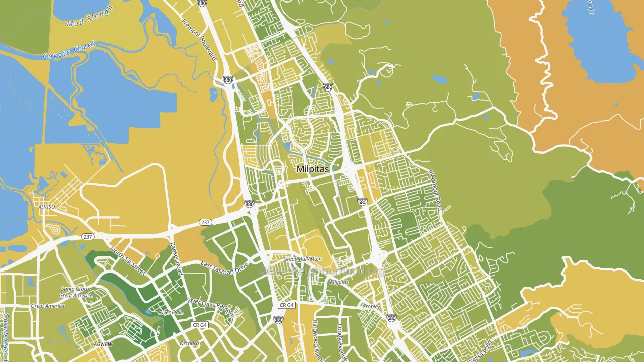 Map of the best neighborhoods in the 95035 area, with better matches in green and worse matches in red