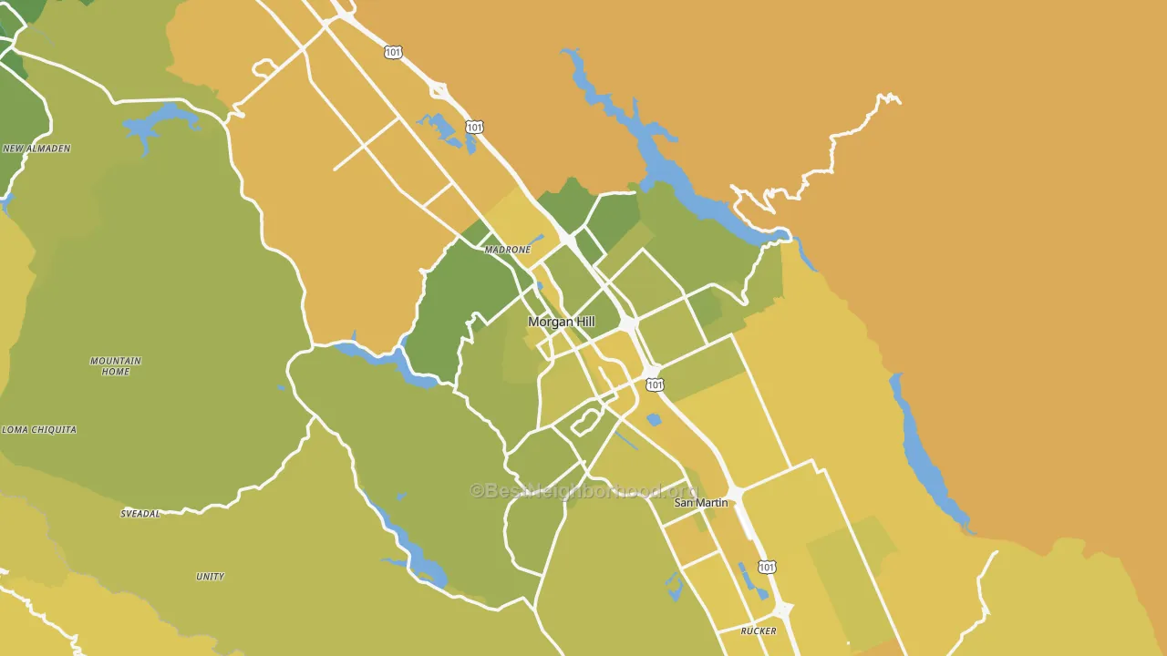 Map of the best neighborhoods in the 95037 area, with better matches in green and worse matches in red