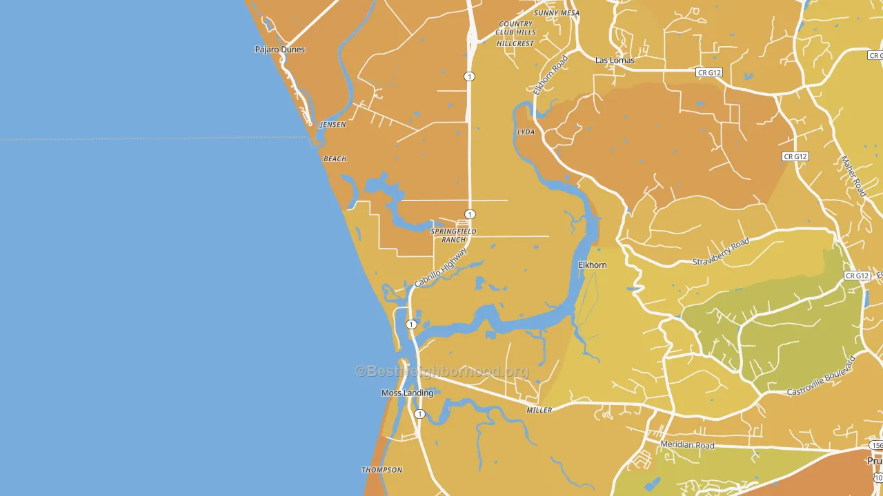 Map of the best neighborhoods in the 95039 area, with better matches in green and worse matches in red