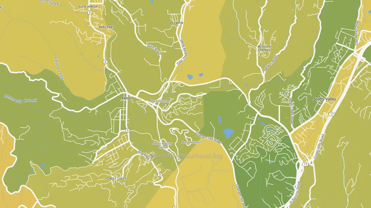Map of the best neighborhoods in the 95041 area, with better matches in green and worse matches in red