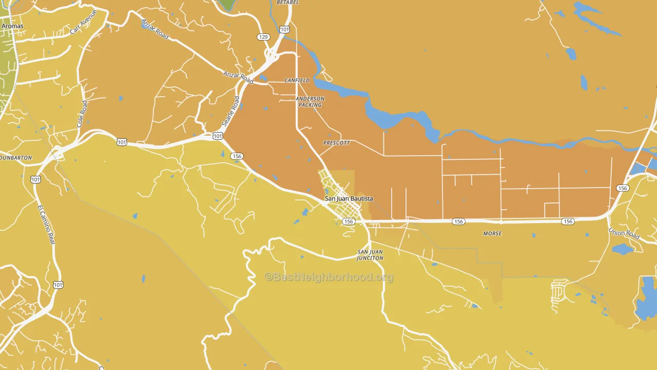 Map of the best neighborhoods in the 95045 area, with better matches in green and worse matches in red