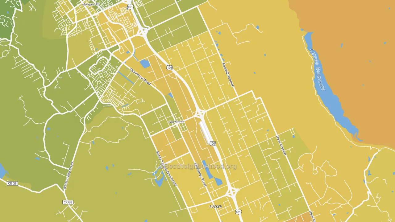 Map of the best neighborhoods in the 95046 area, with better matches in green and worse matches in red