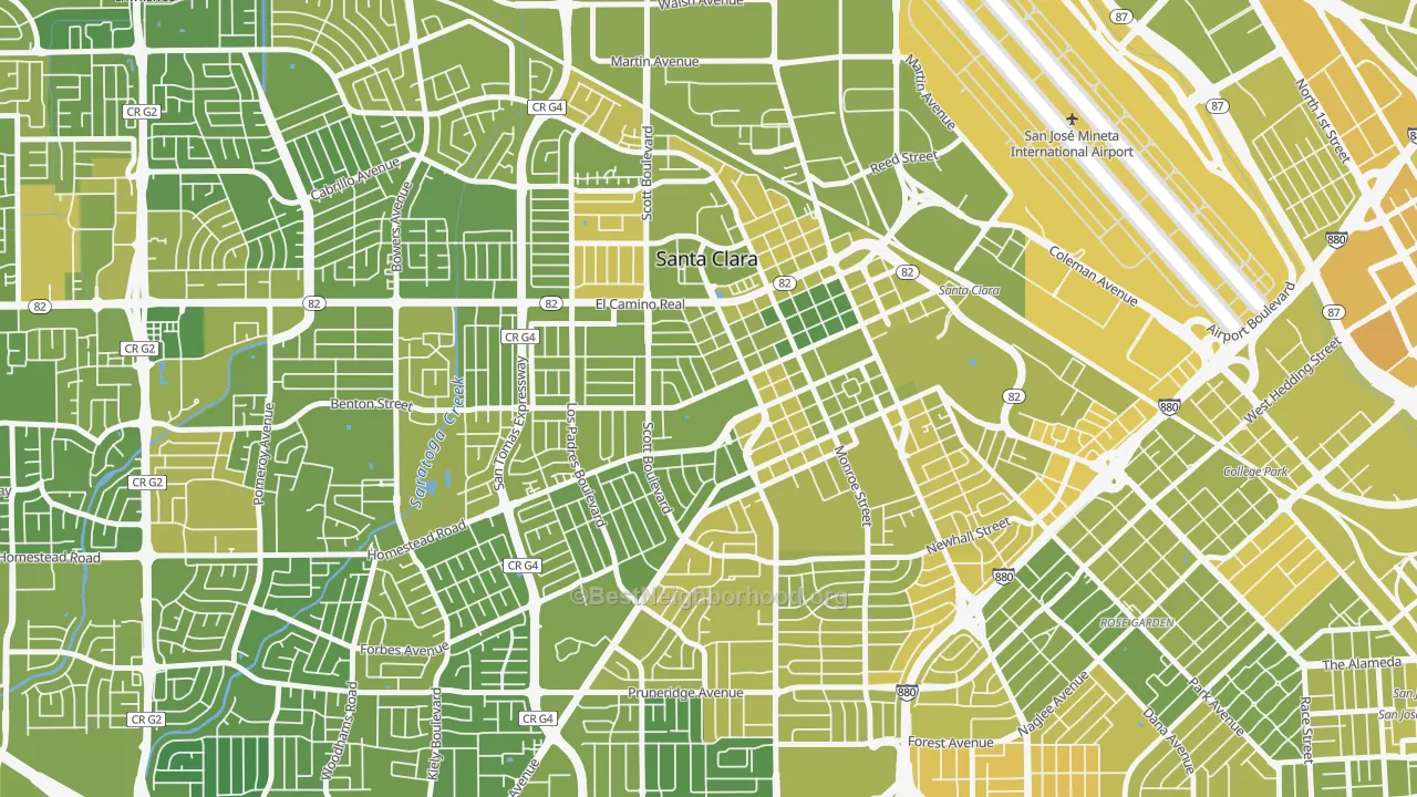 Map of the best neighborhoods in the 95050 area, with better matches in green and worse matches in red