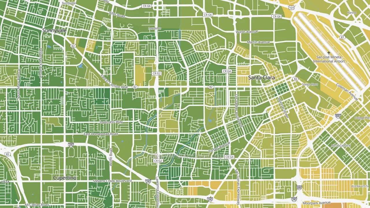 Map of the best neighborhoods in the 95051 area, with better matches in green and worse matches in red