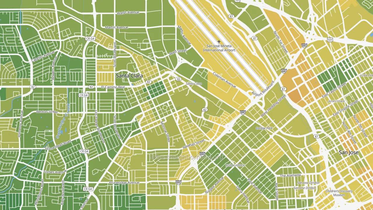 Map of the best neighborhoods in the 95053 area, with better matches in green and worse matches in red