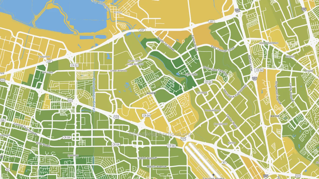 Map of the best neighborhoods in the 95054 area, with better matches in green and worse matches in red