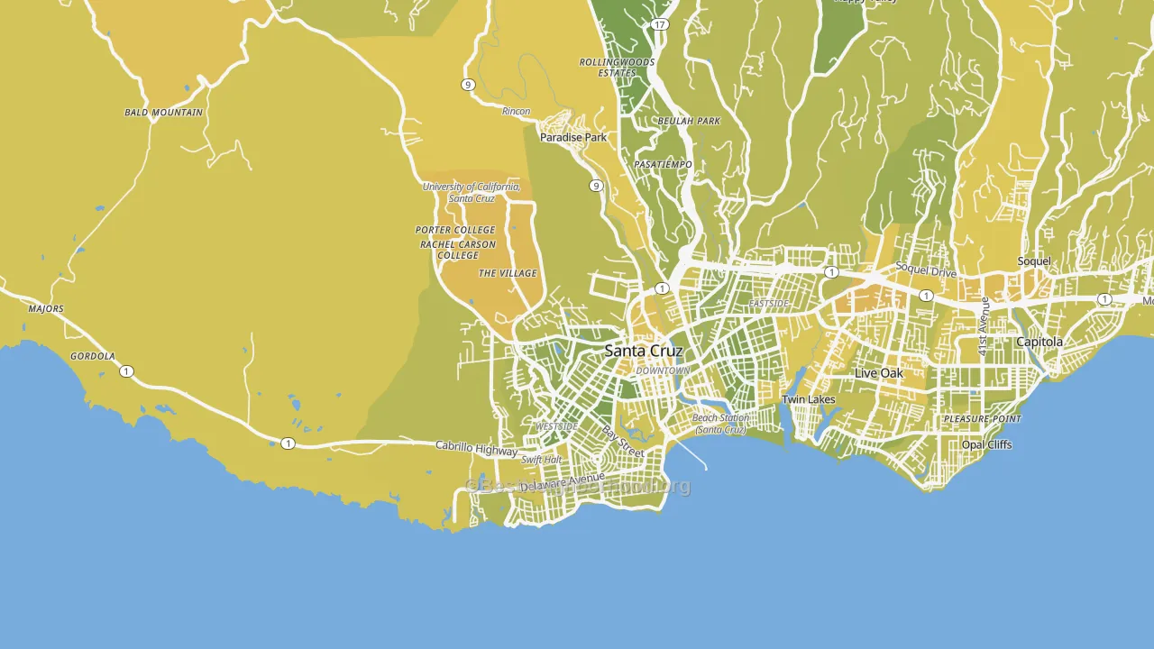 Map of the best neighborhoods in the 95060 area, with better matches in green and worse matches in red