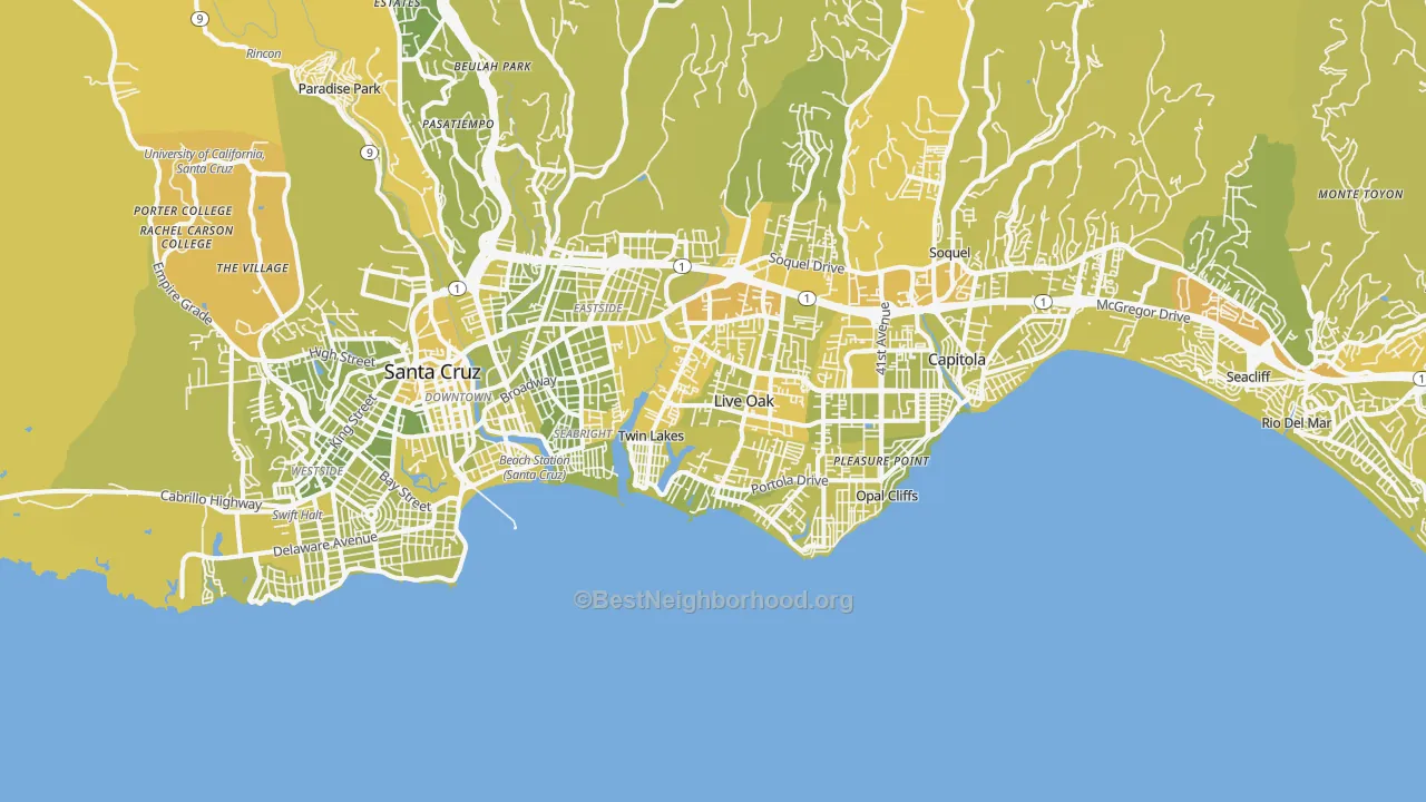 Map of the best neighborhoods in the 95062 area, with better matches in green and worse matches in red