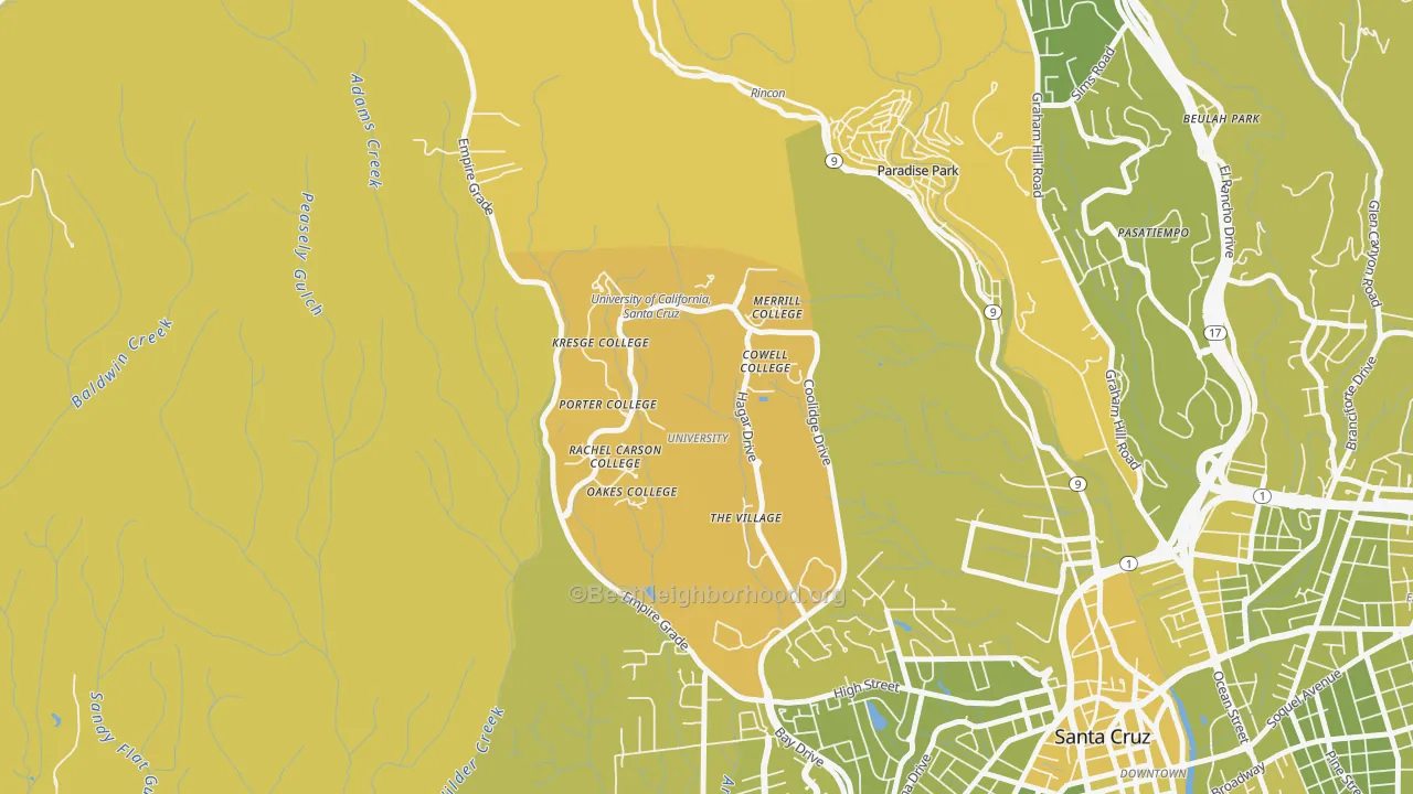 Map of the best neighborhoods in the 95064 area, with better matches in green and worse matches in red