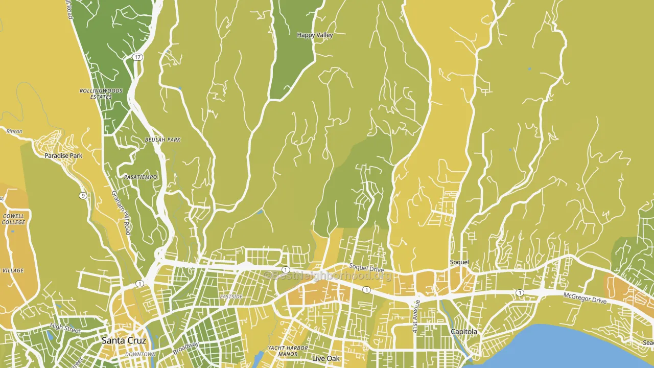 Map of the best neighborhoods in the 95065 area, with better matches in green and worse matches in red