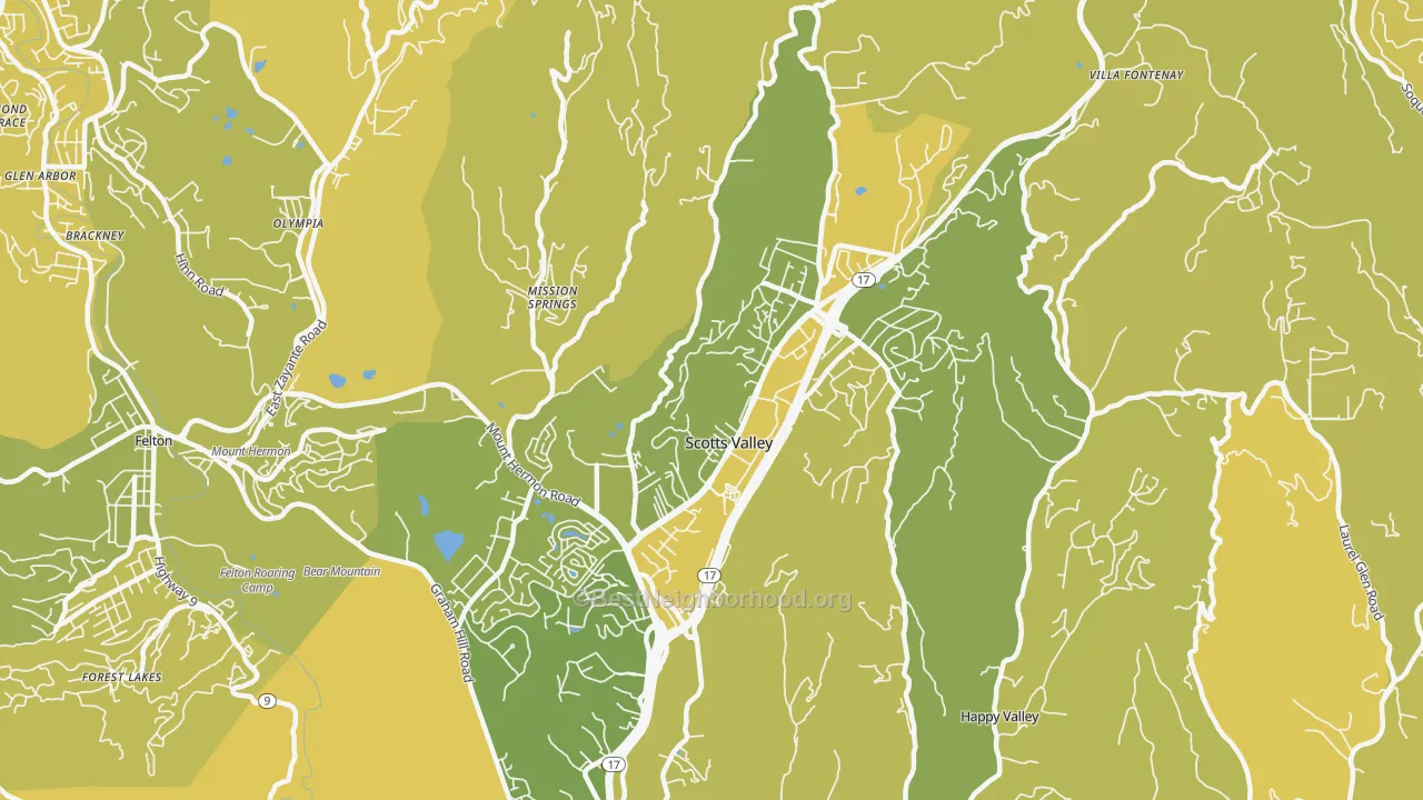 Map of the best neighborhoods in the 95066 area, with better matches in green and worse matches in red