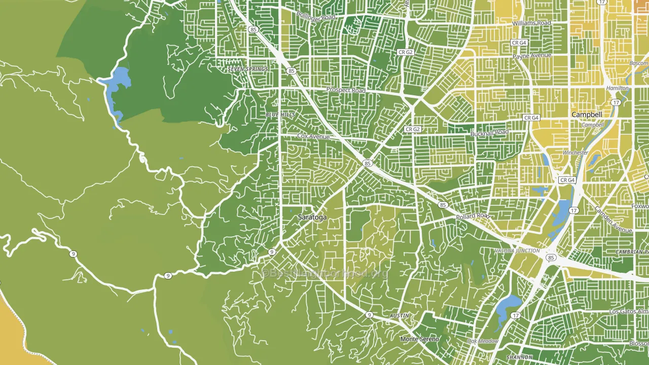 Map of the best neighborhoods in the 95070 area, with better matches in green and worse matches in red