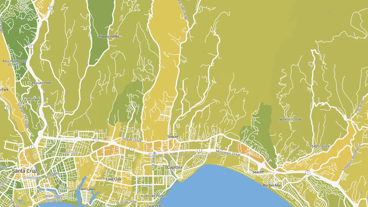 Map of the best neighborhoods in the 95073 area, with better matches in green and worse matches in red