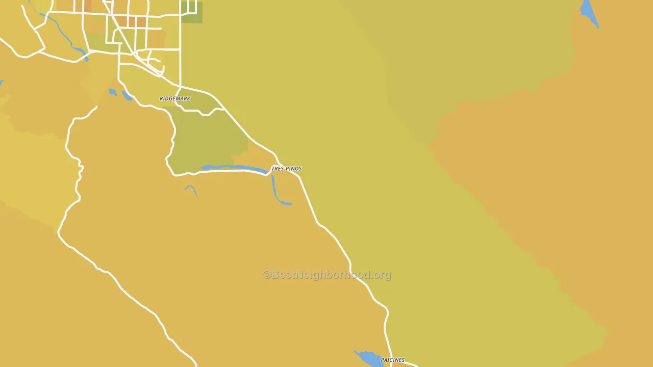 Map of the best neighborhoods in the 95075 area, with better matches in green and worse matches in red