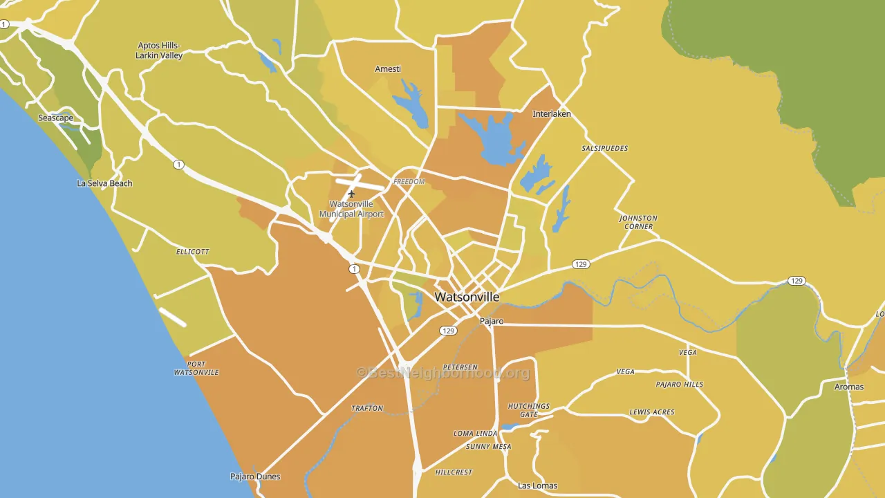 Map of the best neighborhoods in the 95076 area, with better matches in green and worse matches in red