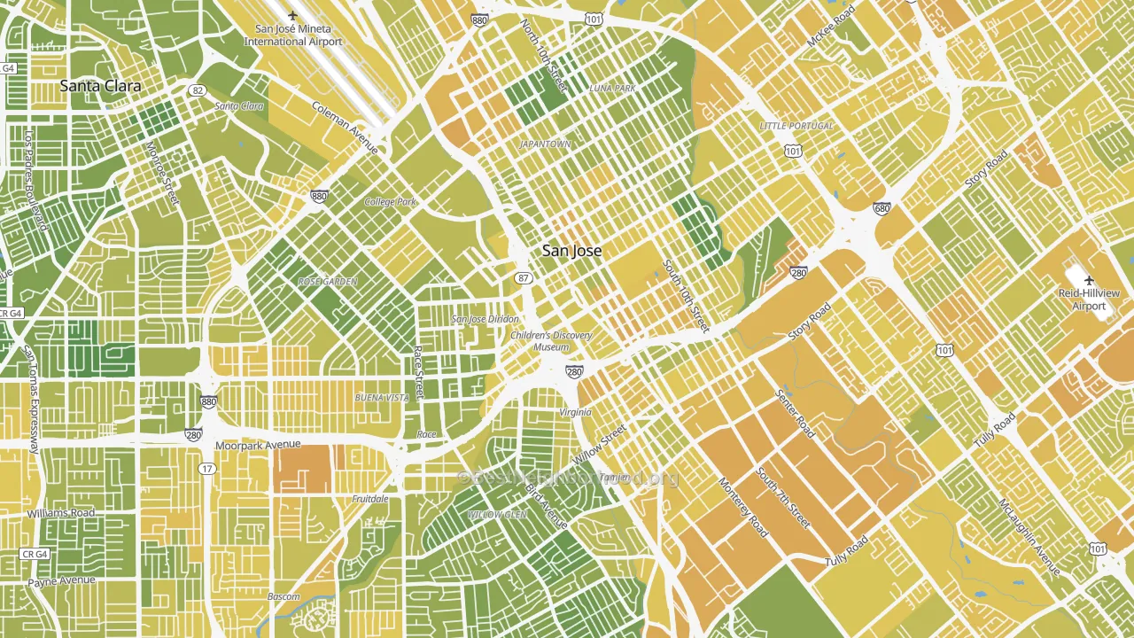 Map of the best neighborhoods in the 95110 area, with better matches in green and worse matches in red