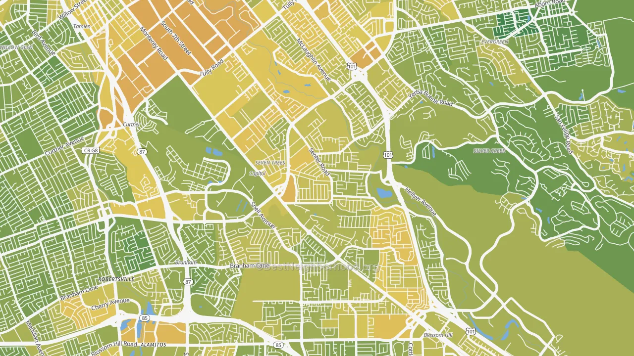 Map of the best neighborhoods in the 95111 area, with better matches in green and worse matches in red