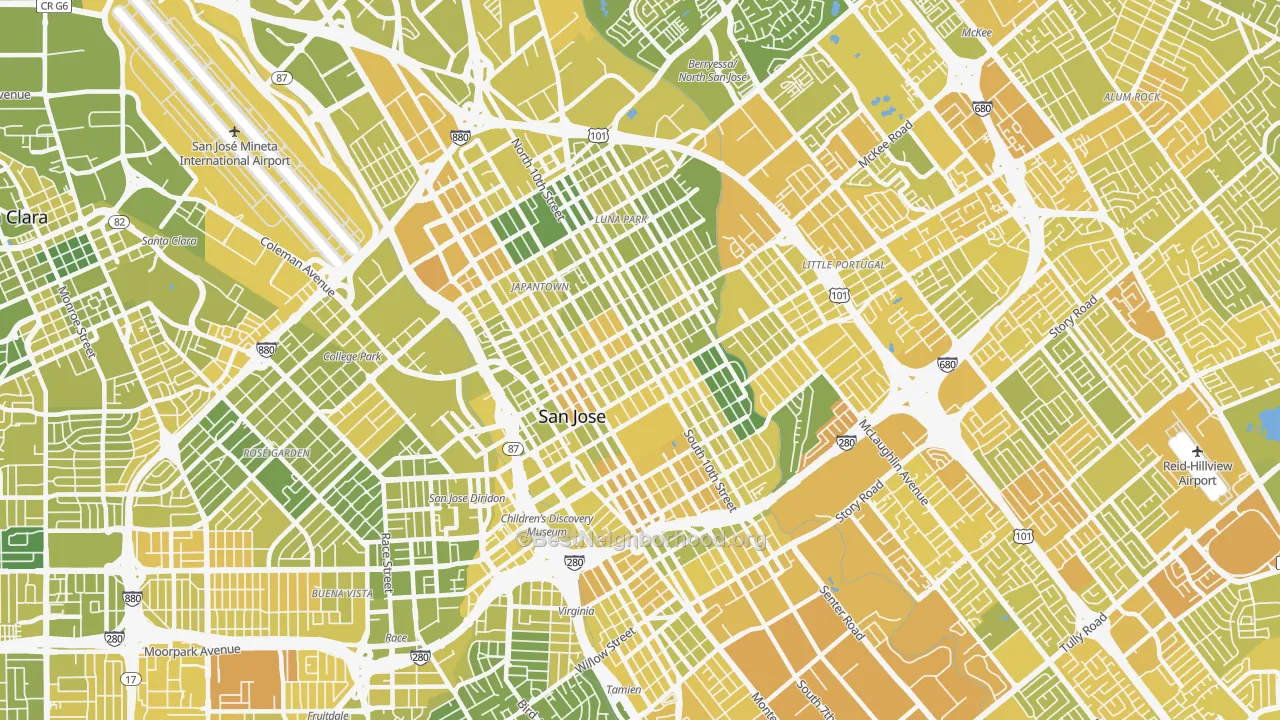 Map of the best neighborhoods in the 95112 area, with better matches in green and worse matches in red