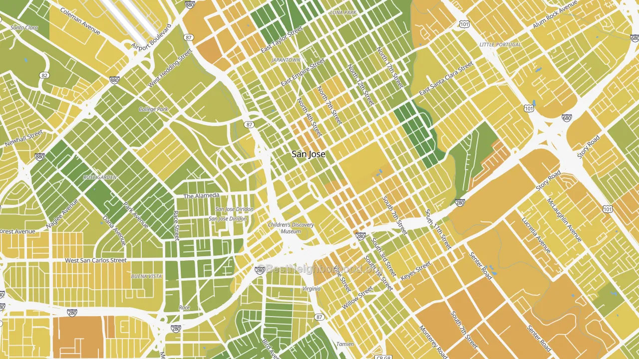 Map of the best neighborhoods in the 95113 area, with better matches in green and worse matches in red