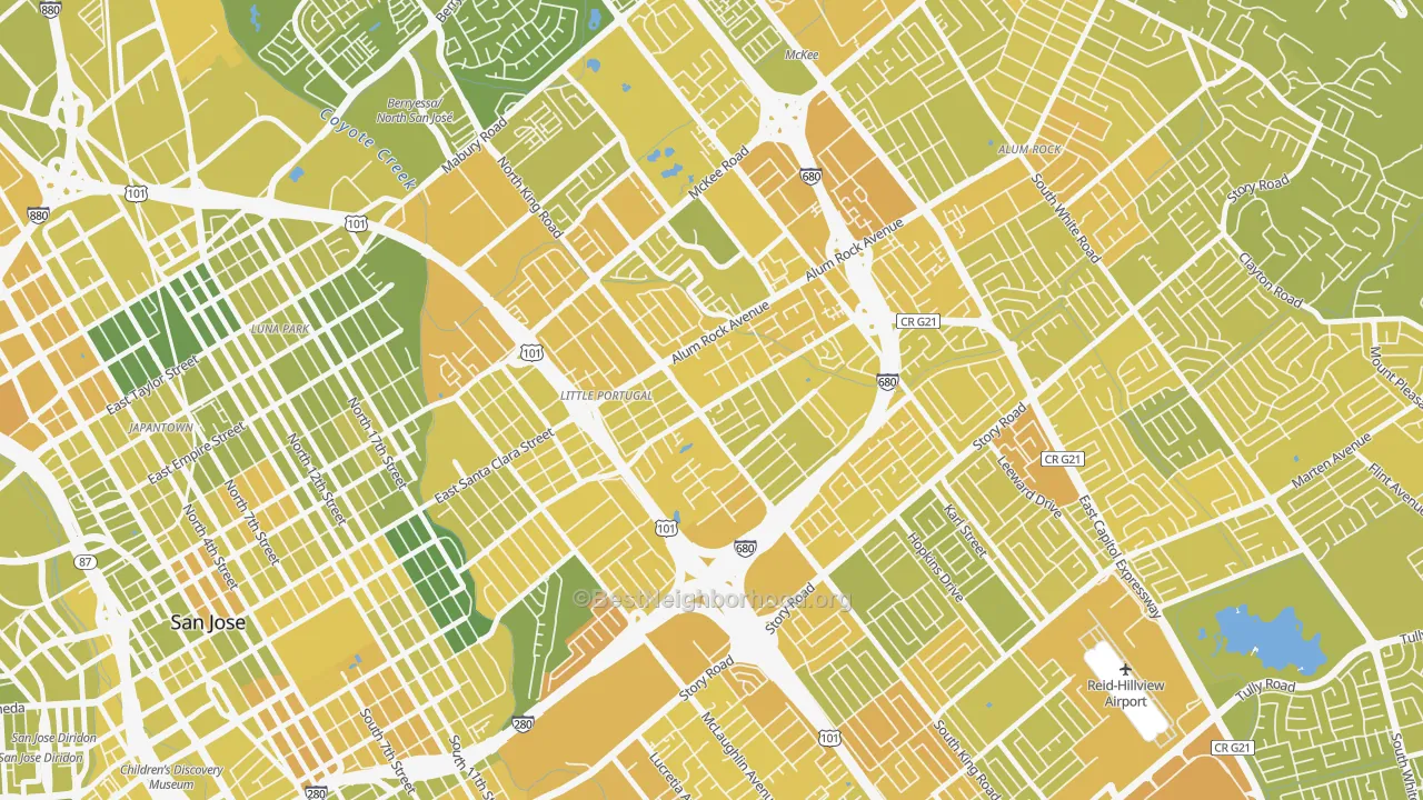 Map of the best neighborhoods in the 95116 area, with better matches in green and worse matches in red