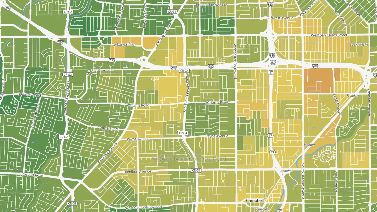 Map of the best neighborhoods in the 95117 area, with better matches in green and worse matches in red