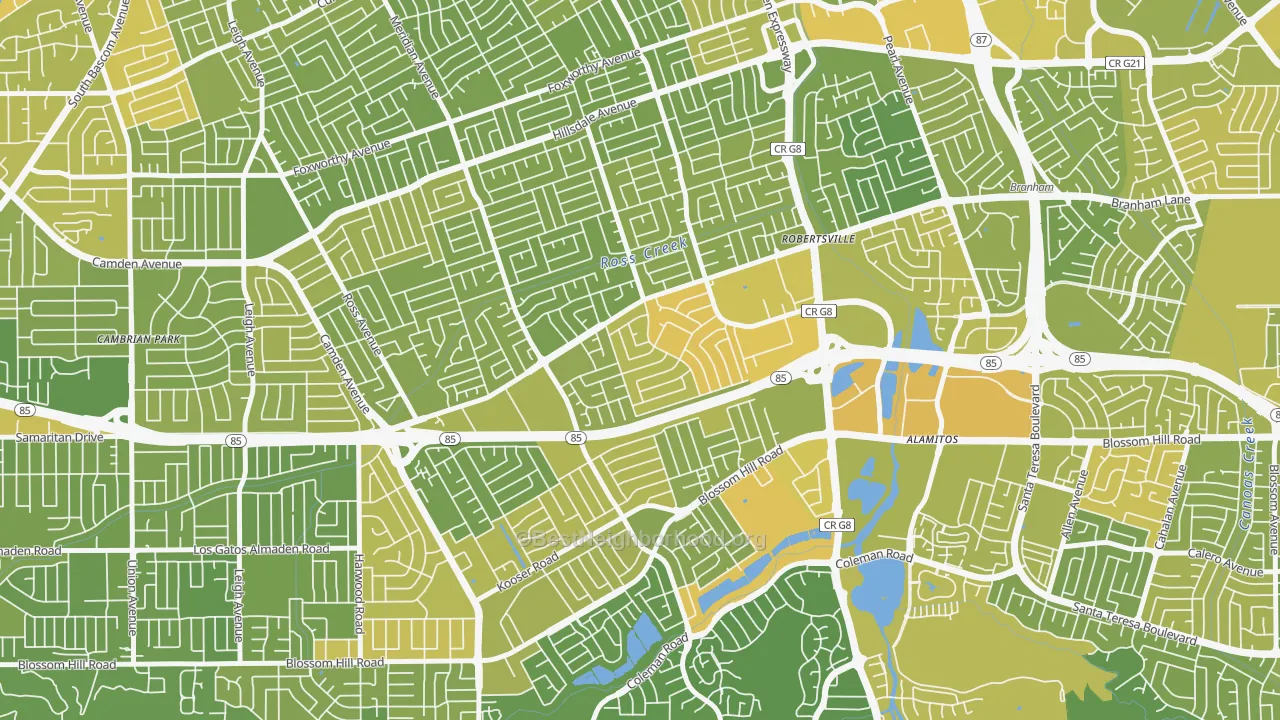 Map of the best neighborhoods in the 95118 area, with better matches in green and worse matches in red