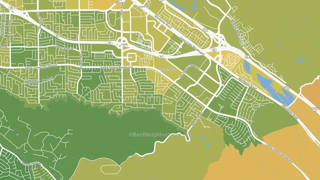 Map of the best neighborhoods in the 95119 area, with better matches in green and worse matches in red