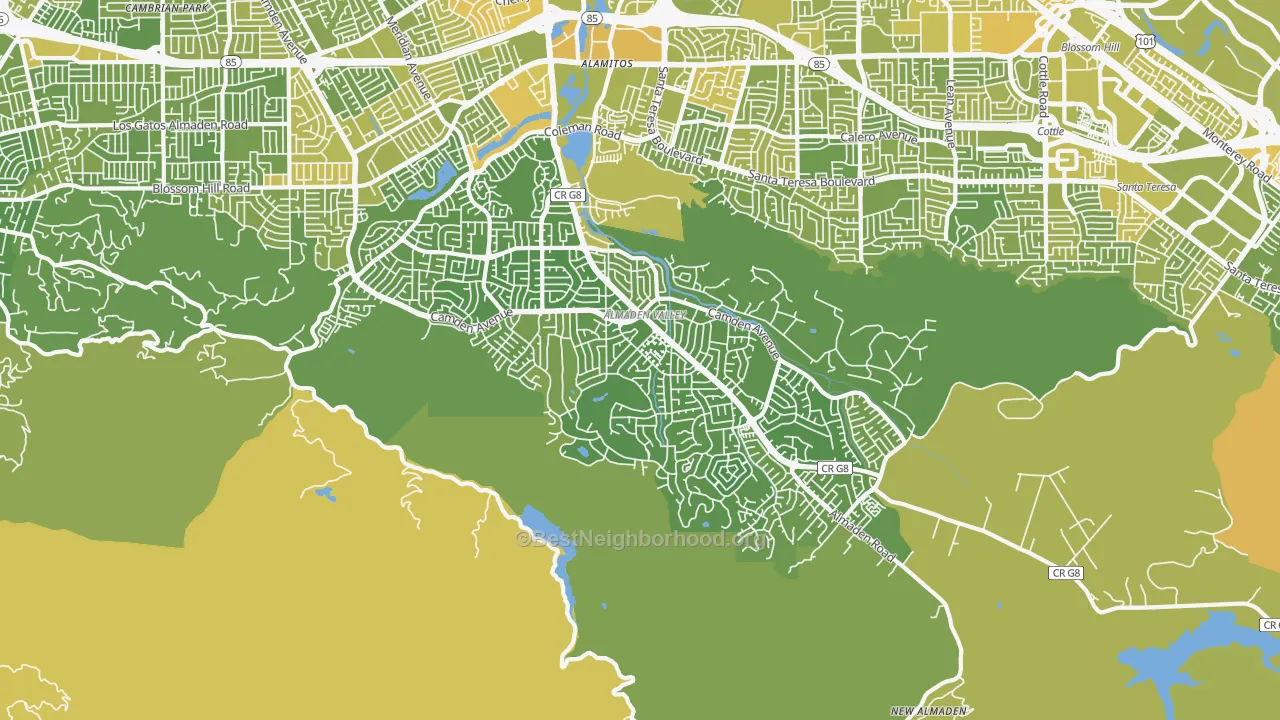 Map of the best neighborhoods in the 95120 area, with better matches in green and worse matches in red