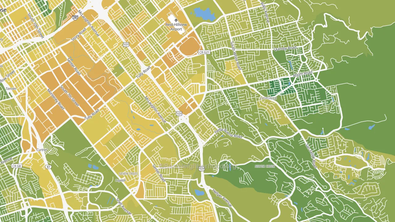 Map of the best neighborhoods in the 95121 area, with better matches in green and worse matches in red