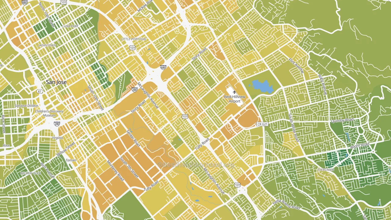 Map of the best neighborhoods in the 95122 area, with better matches in green and worse matches in red