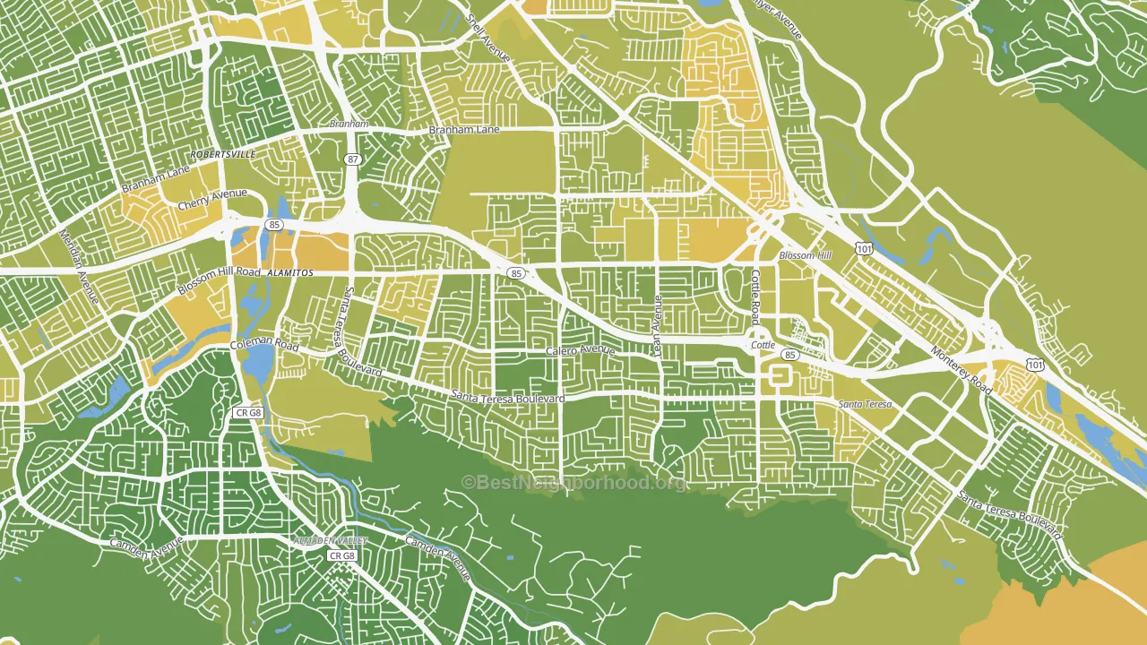 Map of the best neighborhoods in the 95123 area, with better matches in green and worse matches in red