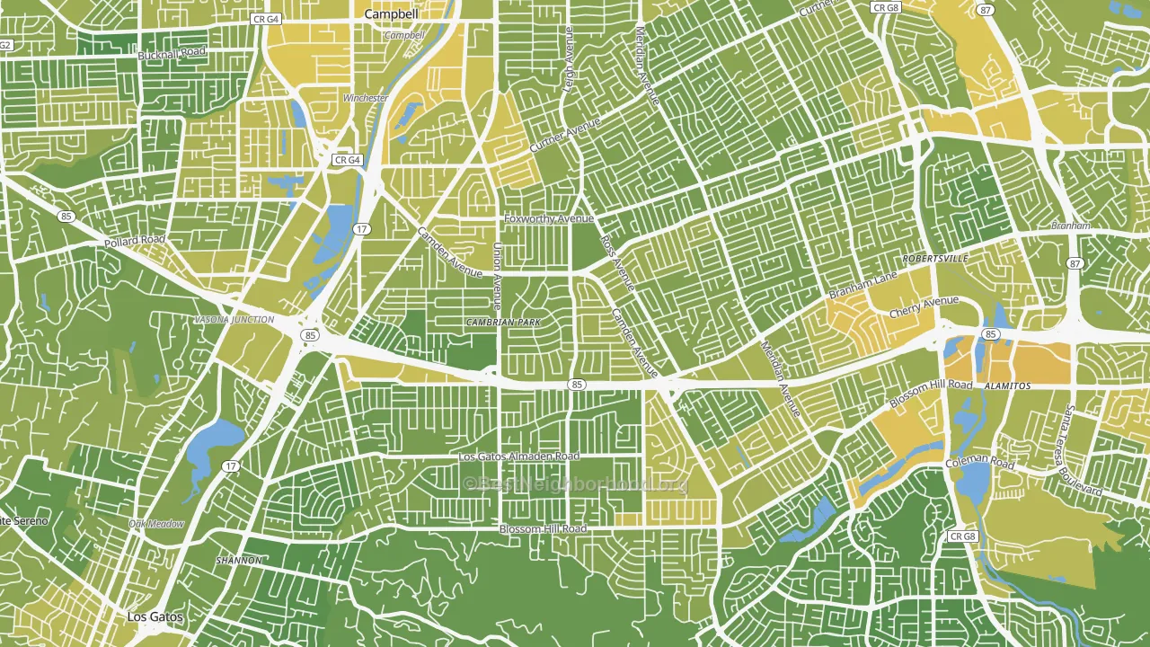 Map of the best neighborhoods in the 95124 area, with better matches in green and worse matches in red