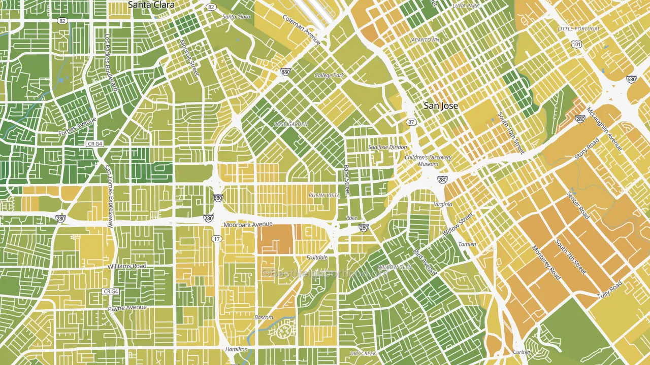 Map of the best neighborhoods in the 95126 area, with better matches in green and worse matches in red