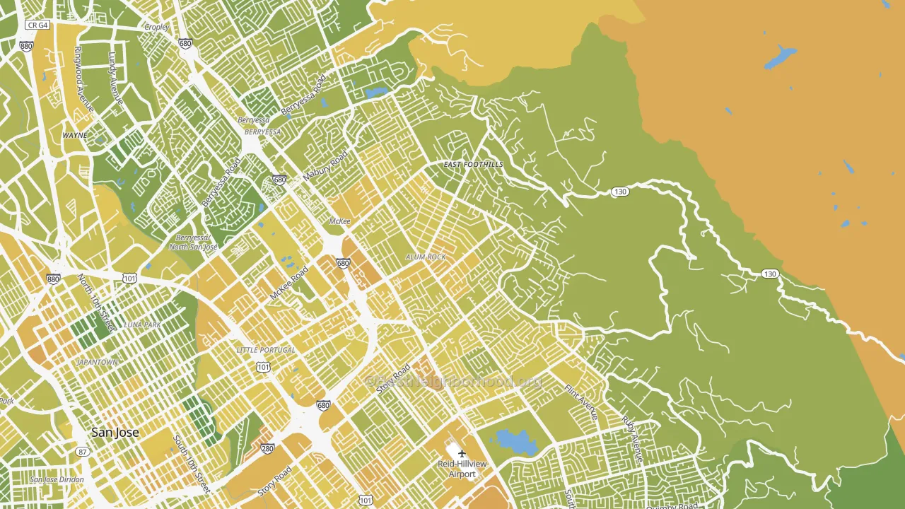 Map of the best neighborhoods in the 95127 area, with better matches in green and worse matches in red