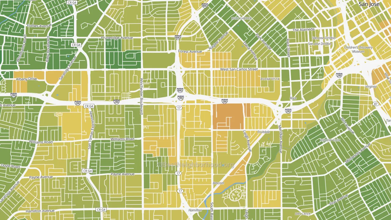 Map of the best neighborhoods in the 95128 area, with better matches in green and worse matches in red