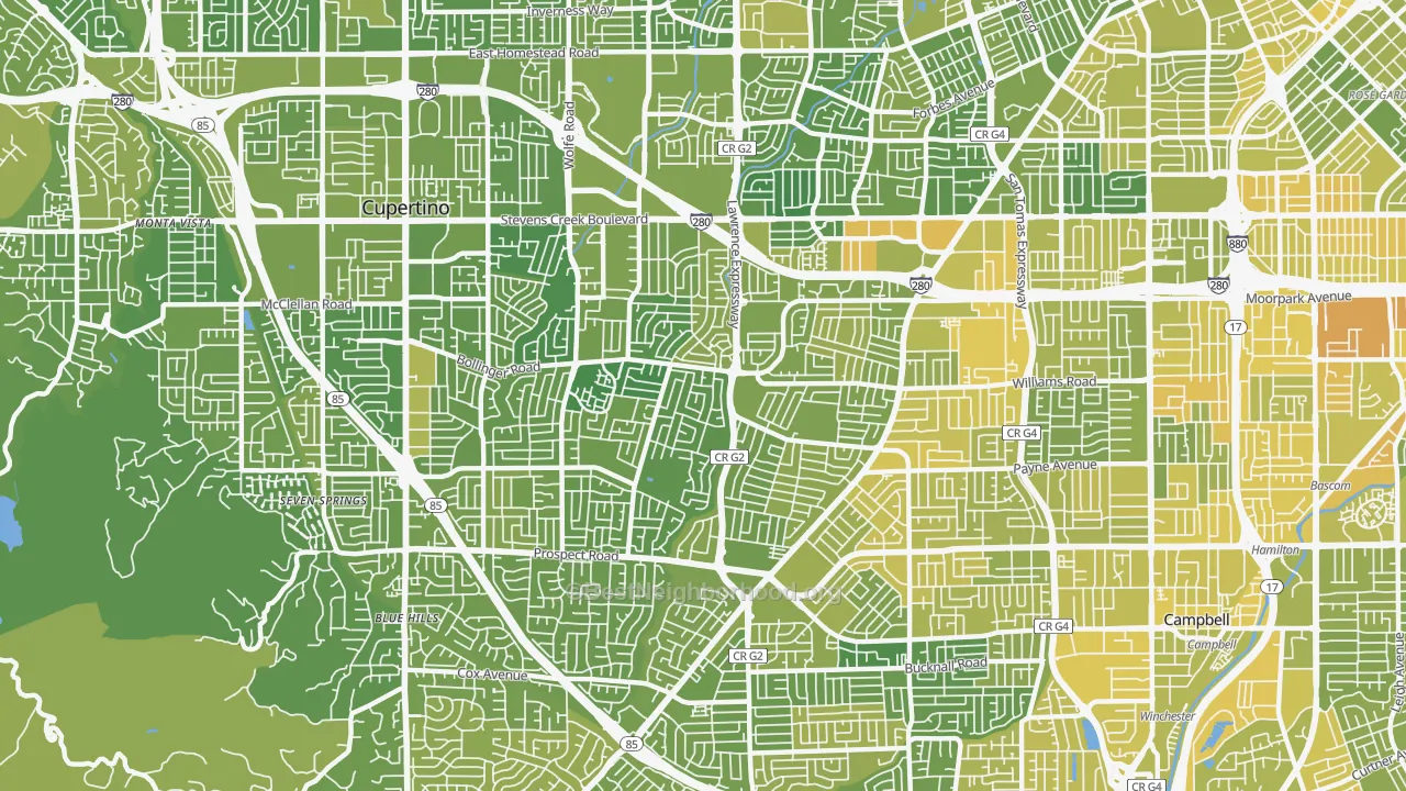 Map of the best neighborhoods in the 95129 area, with better matches in green and worse matches in red