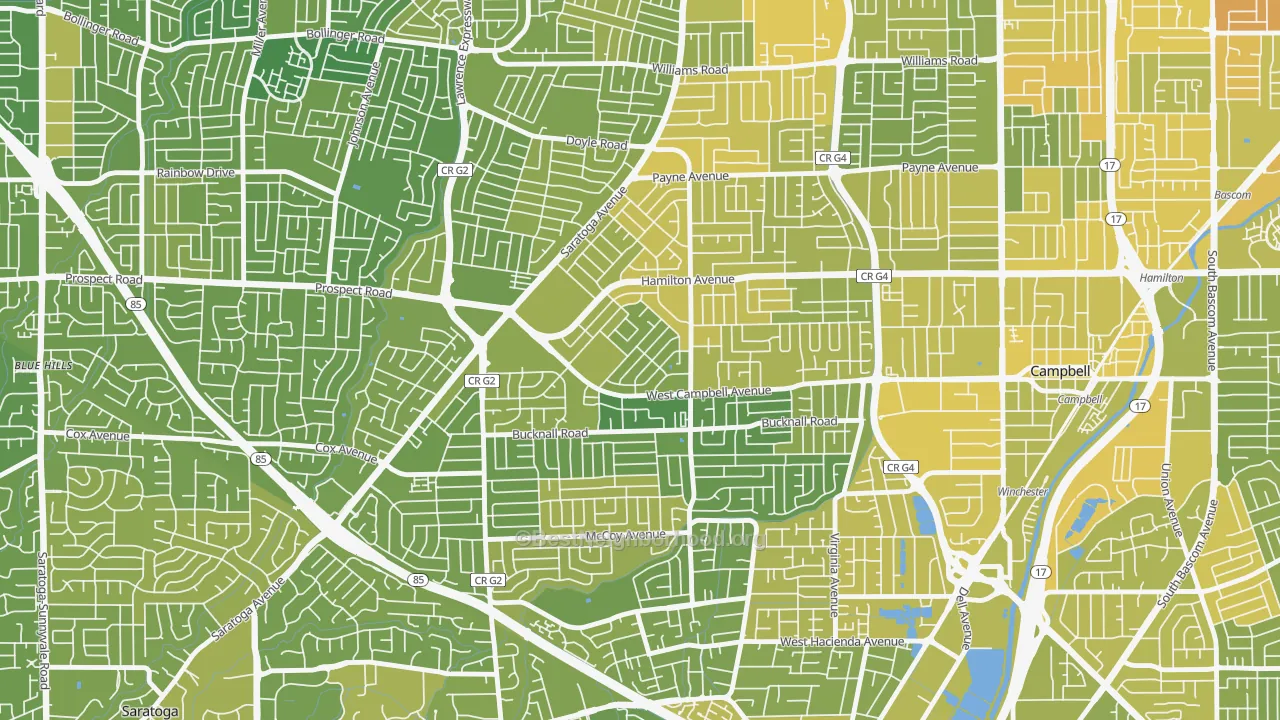 Map of the best neighborhoods in the 95130 area, with better matches in green and worse matches in red
