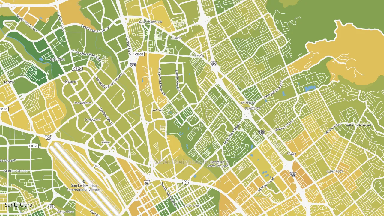 Map of the best neighborhoods in the 95131 area, with better matches in green and worse matches in red