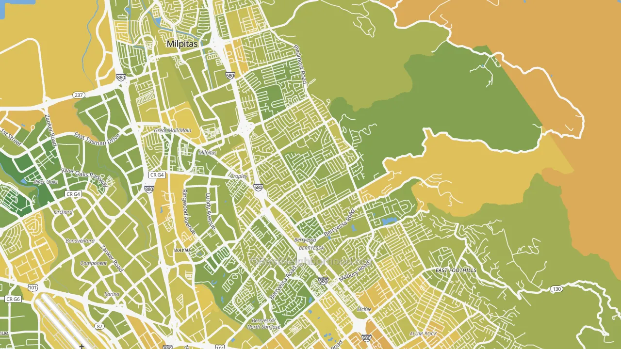 Map of the best neighborhoods in the 95132 area, with better matches in green and worse matches in red