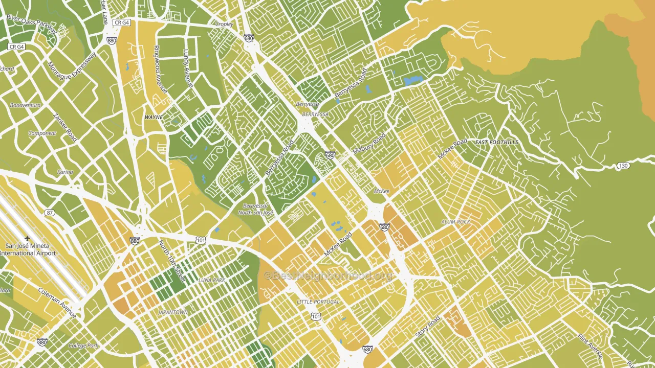 Map of the best neighborhoods in the 95133 area, with better matches in green and worse matches in red