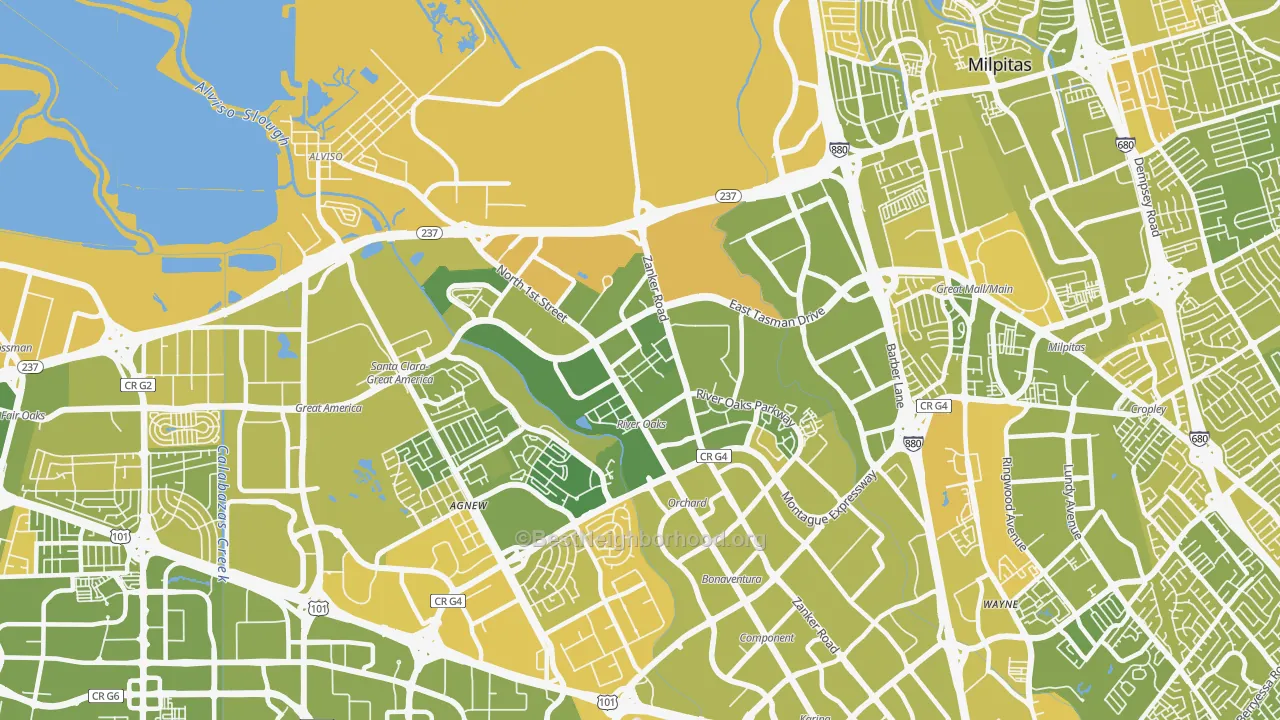 Map of the best neighborhoods in the 95134 area, with better matches in green and worse matches in red