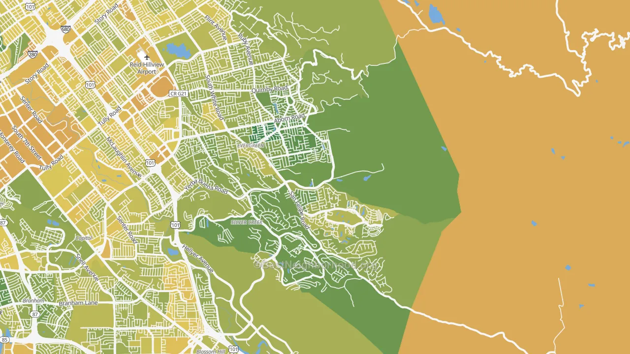 Map of the best neighborhoods in the 95135 area, with better matches in green and worse matches in red
