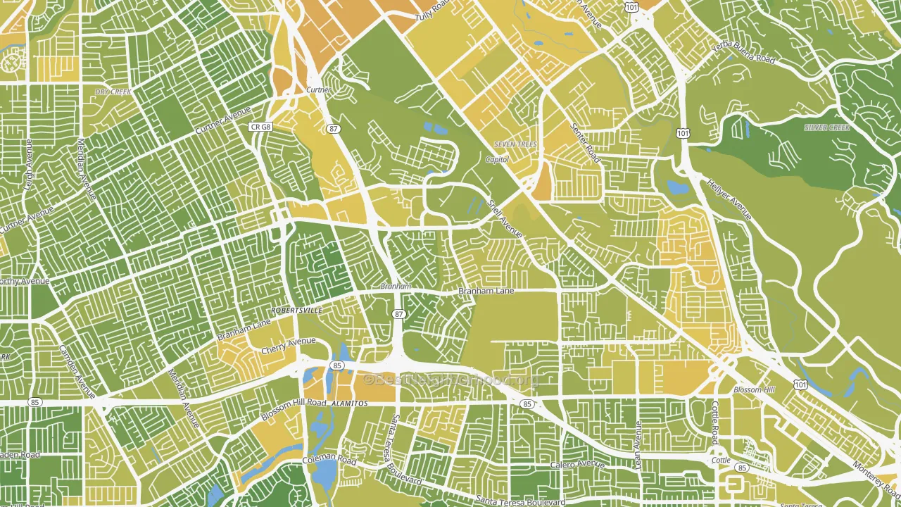 Map of the best neighborhoods in the 95136 area, with better matches in green and worse matches in red
