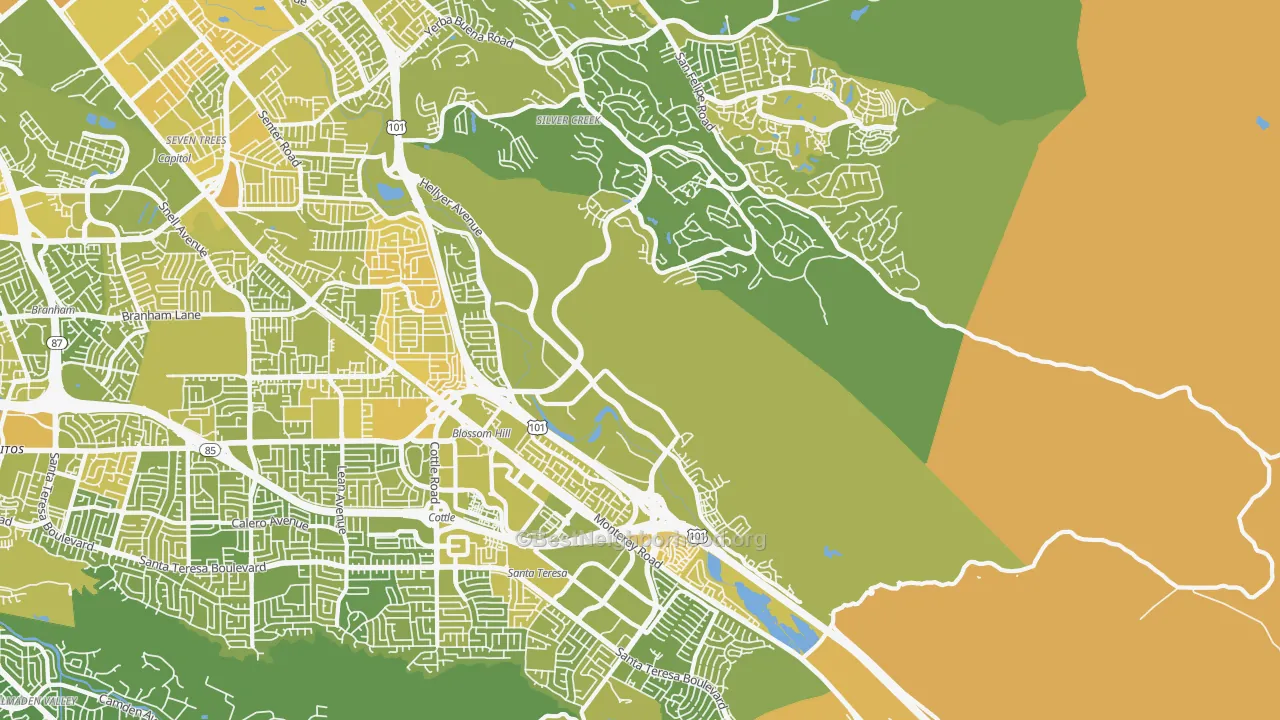 Map of the best neighborhoods in the 95138 area, with better matches in green and worse matches in red