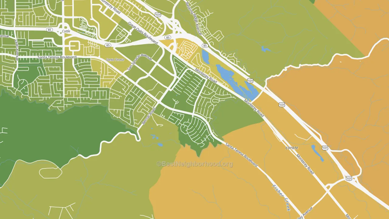 Map of the best neighborhoods in the 95139 area, with better matches in green and worse matches in red
