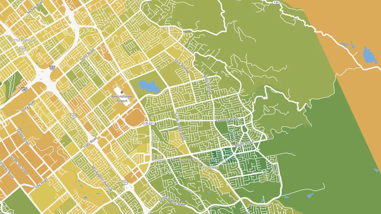 Map of the best neighborhoods in the 95148 area, with better matches in green and worse matches in red