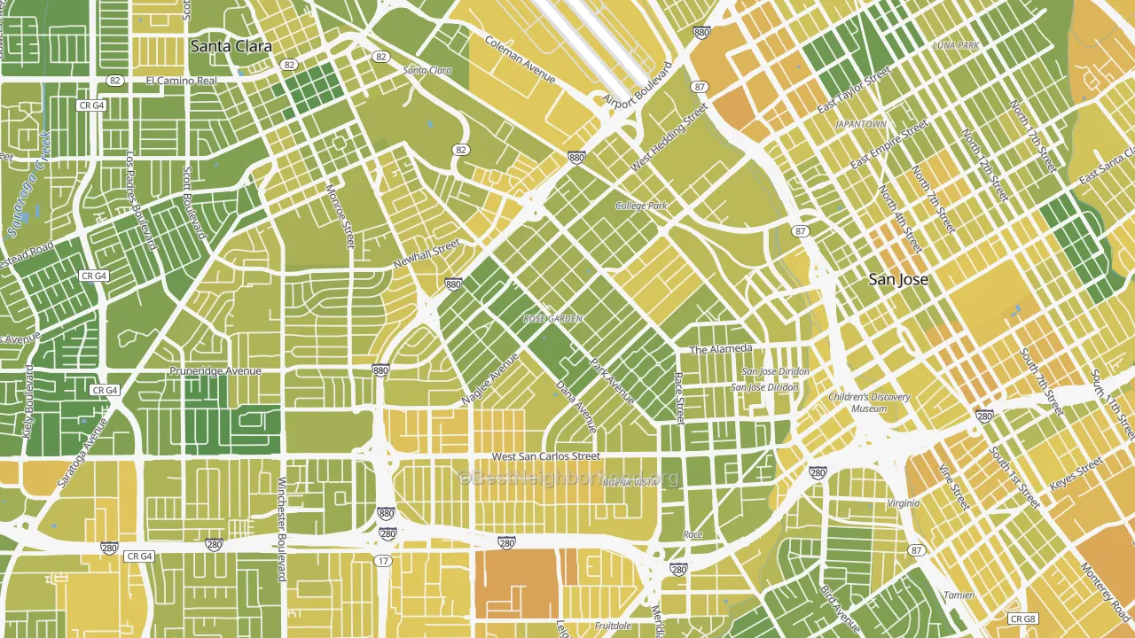 Map of the best neighborhoods in the 95191 area, with better matches in green and worse matches in red