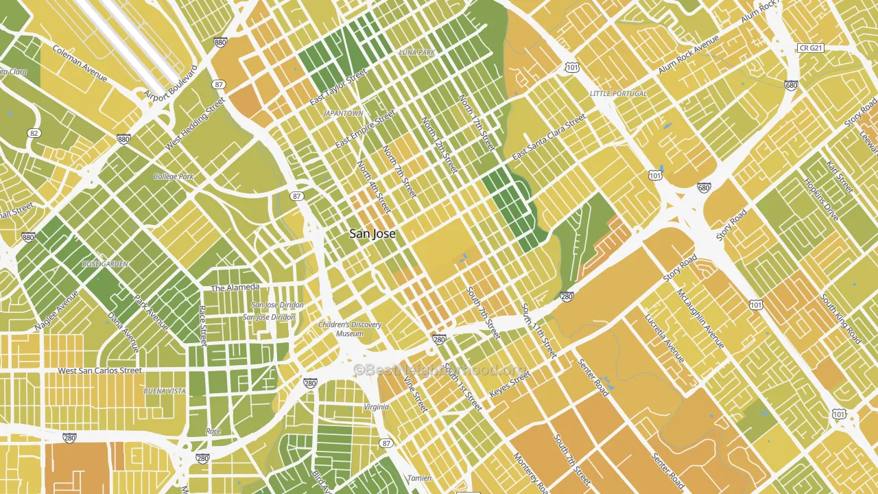 Map of the best neighborhoods in the 95192 area, with better matches in green and worse matches in red